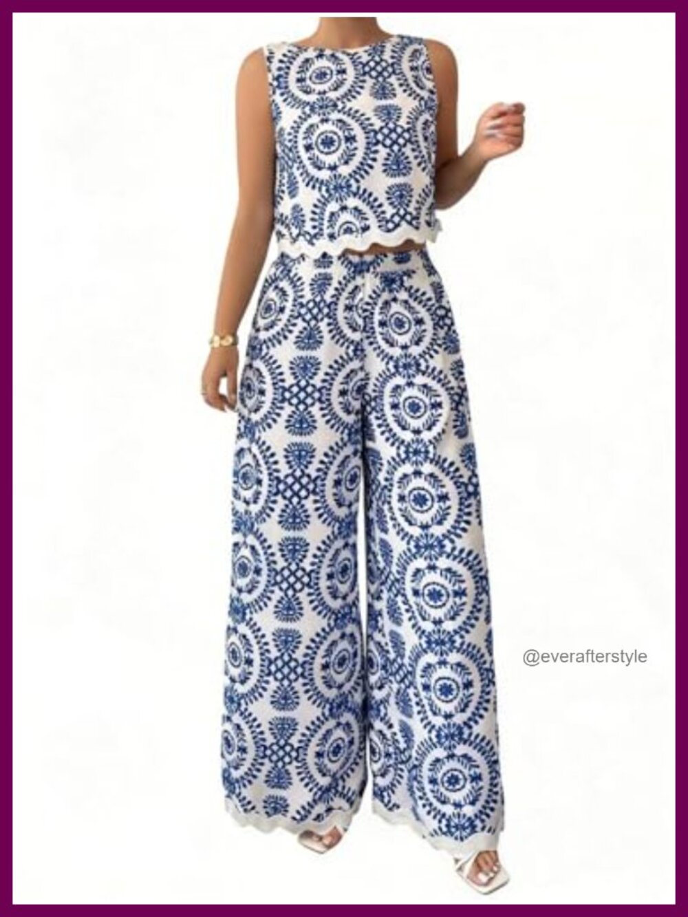 Boho 2 Piece Pant Set Sleeveless Crop Tank Wide Leg Vacation Outfit